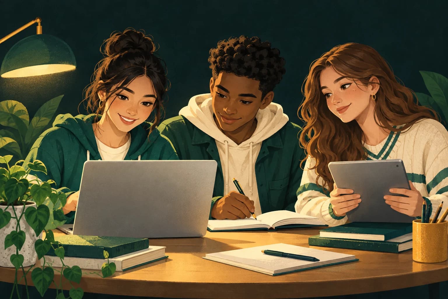 Three high school students studying together with a laptop, notebook, and tablet